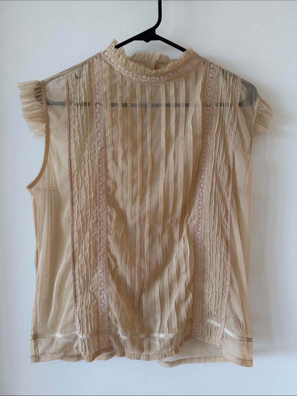 Vintage Y2K Tramp Sheer Cream Lace Pintuck Blouse - Size L